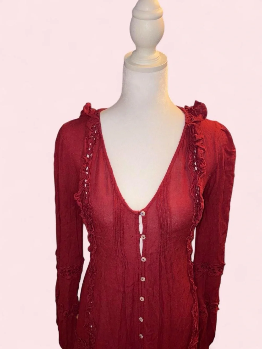 Free People Burgundy Button-Front Ruffle Tiered Midi Dress